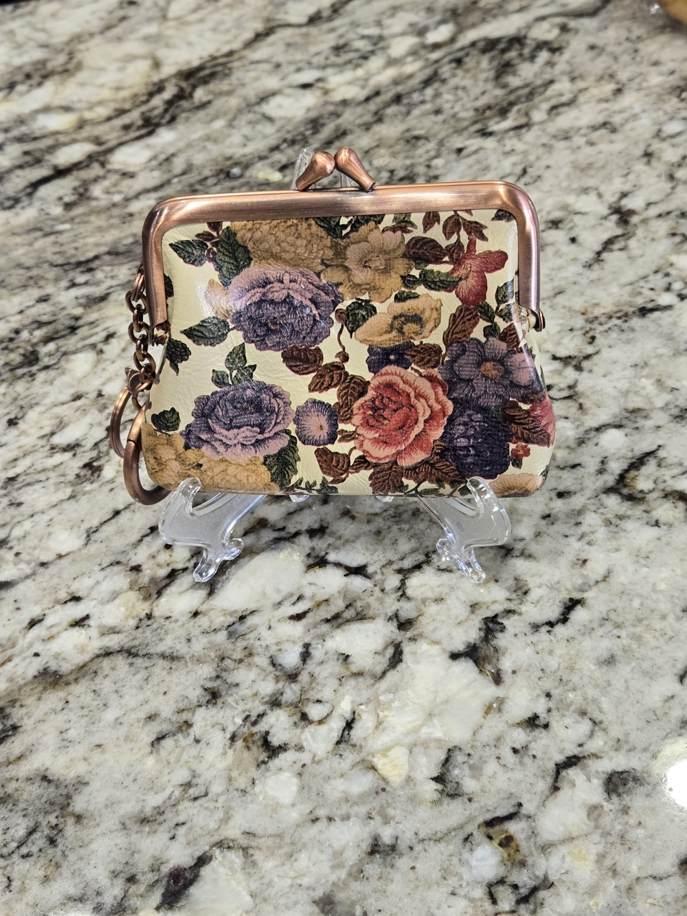 Patricia Nash Cream Floral Kiss-Lock Wristlet with Rose Gold Frame